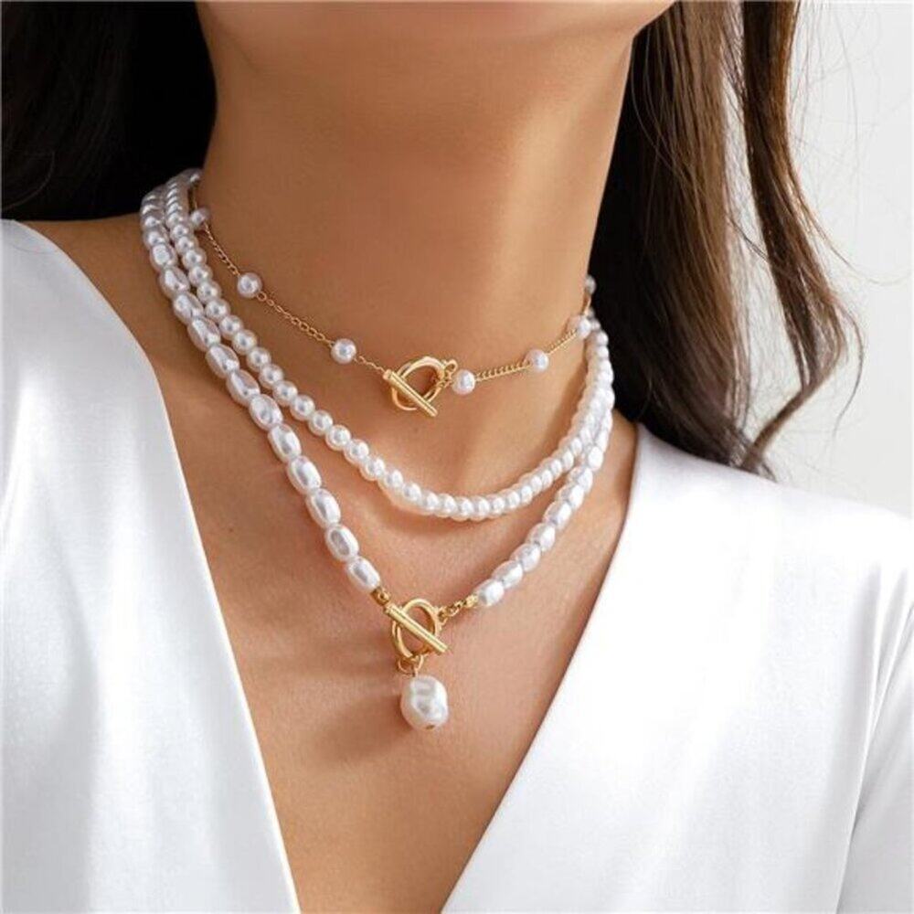3 Pcs Gold and Pearl Necklace Gold Layered Necklaces Chunky Statement Stackable